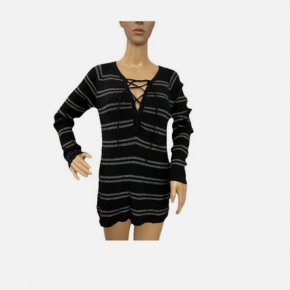 Chaser Womens MED Black/Silver LS Sweater Cotton Lurex Ribbed NEW W/Tags